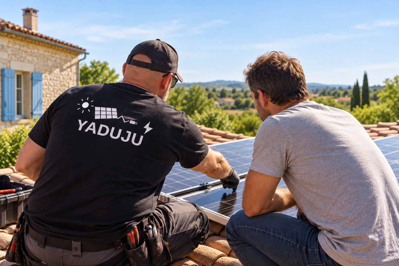 Conseiller YADUJU accompagnant un particulier lors du montage de panneaux photovoltaïques sur un toit